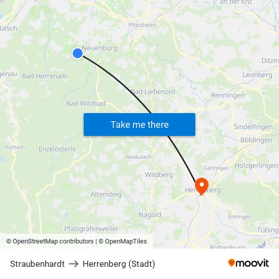 Straubenhardt to Herrenberg (Stadt) map