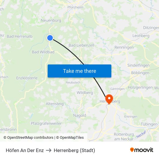 Höfen An Der Enz to Herrenberg (Stadt) map