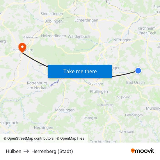 Hülben to Herrenberg (Stadt) map