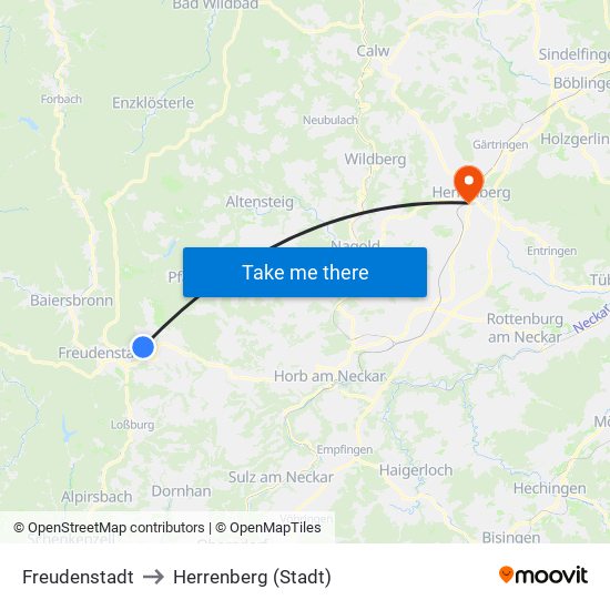 Freudenstadt to Herrenberg (Stadt) map