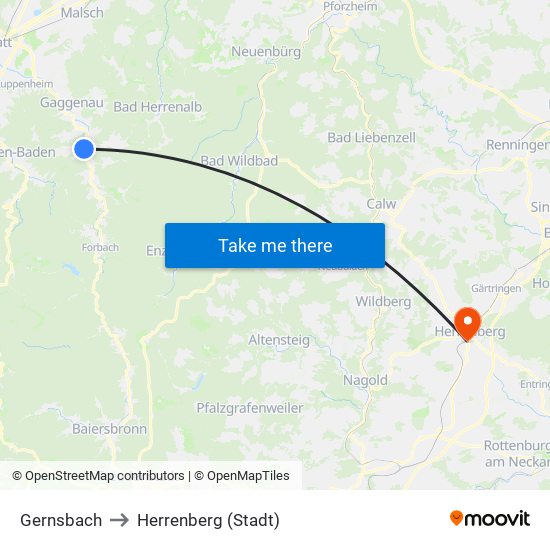 Gernsbach to Herrenberg (Stadt) map