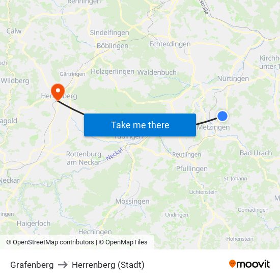 Grafenberg to Herrenberg (Stadt) map