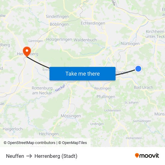 Neuffen to Herrenberg (Stadt) map