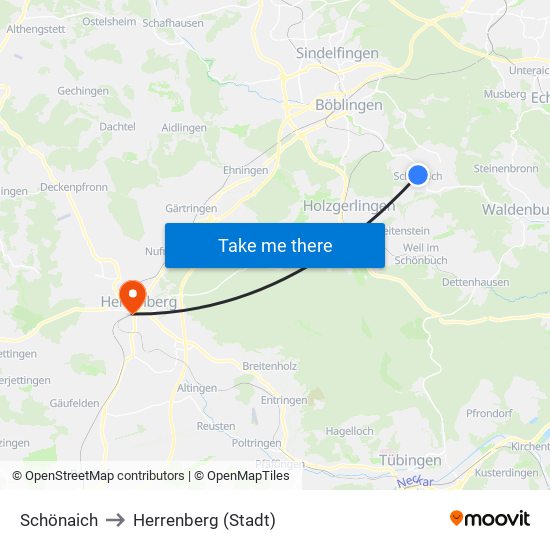 Schönaich to Herrenberg (Stadt) map