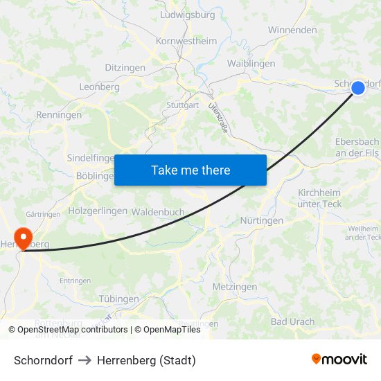 Schorndorf to Herrenberg (Stadt) map