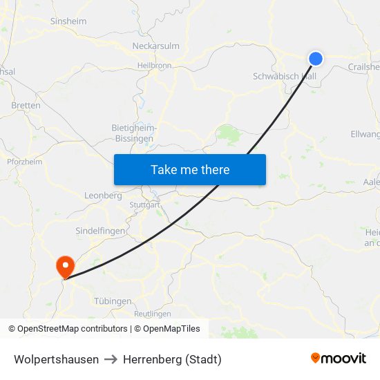 Wolpertshausen to Herrenberg (Stadt) map