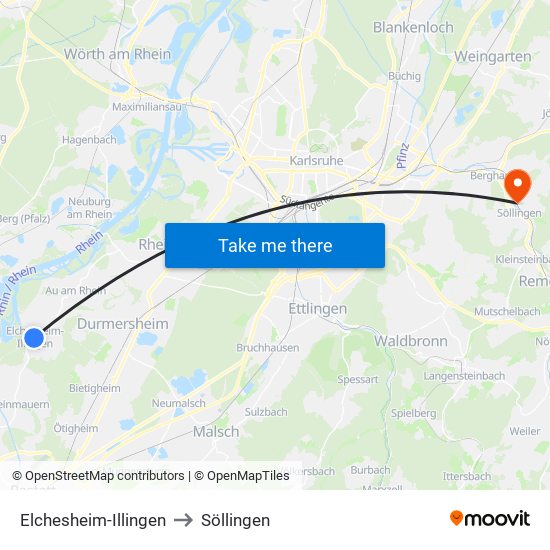 Elchesheim-Illingen to Söllingen map