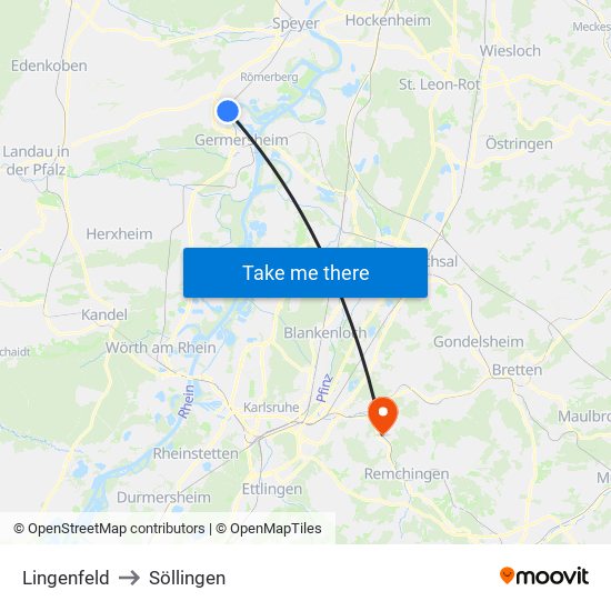 Lingenfeld to Söllingen map