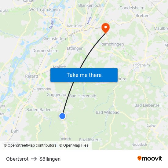Obertsrot to Söllingen map