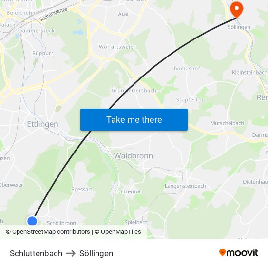 Schluttenbach to Söllingen map