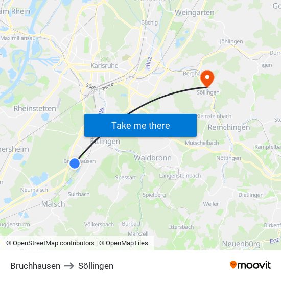 Bruchhausen to Söllingen map