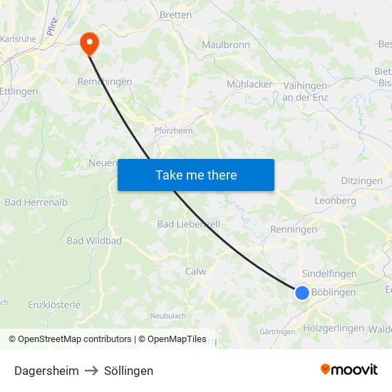 Dagersheim to Söllingen map