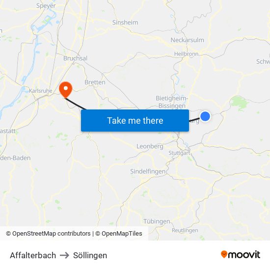 Affalterbach to Söllingen map