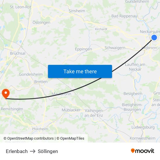 Erlenbach to Söllingen map