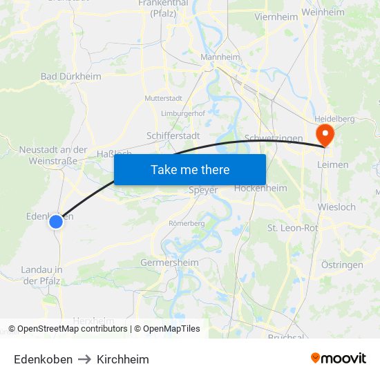 Edenkoben to Kirchheim map