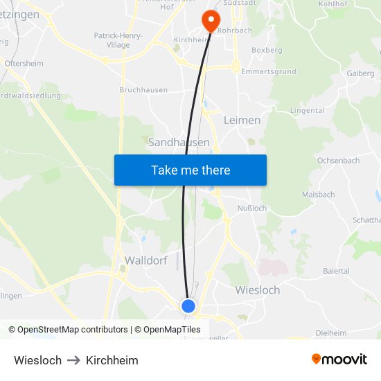 Wiesloch to Kirchheim map