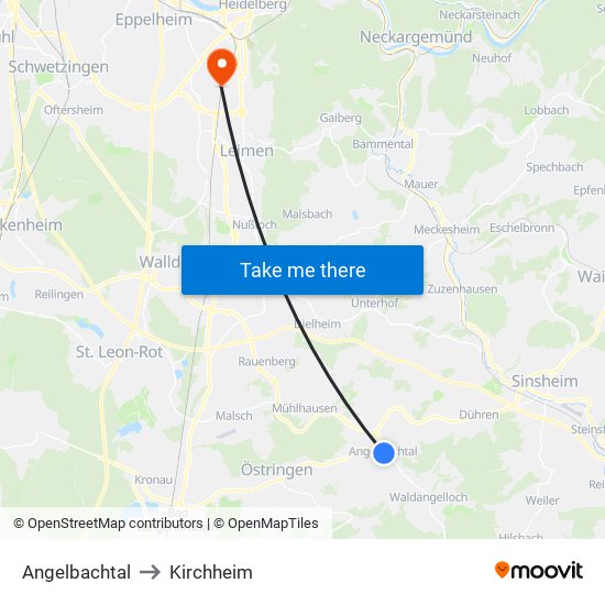 Angelbachtal to Kirchheim map