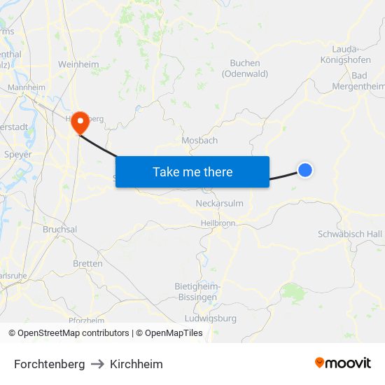 Forchtenberg to Kirchheim map