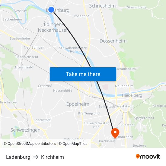 Ladenburg to Kirchheim map