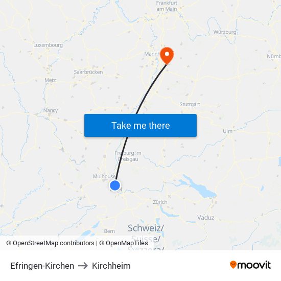 Efringen-Kirchen to Kirchheim map