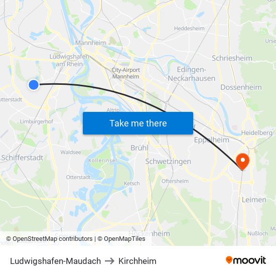 Ludwigshafen-Maudach to Kirchheim map