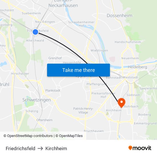 Friedrichsfeld to Kirchheim map