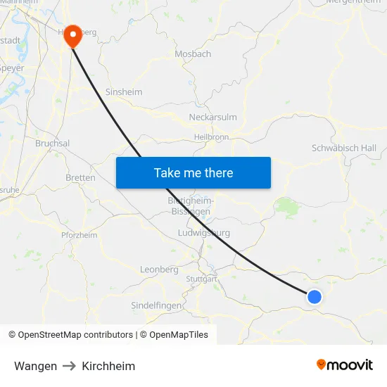 Wangen to Kirchheim map