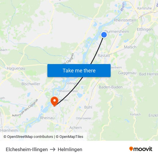 Elchesheim-Illingen to Helmlingen map