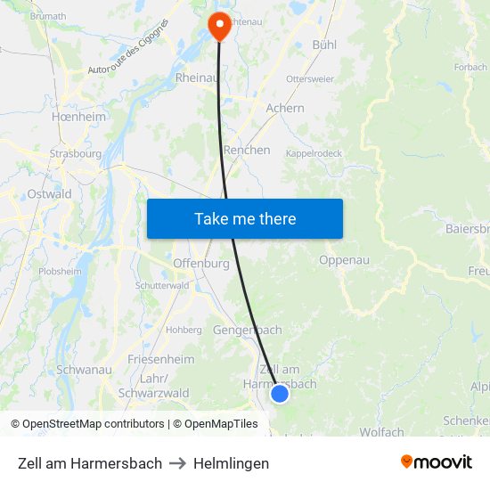 Zell am Harmersbach to Helmlingen map