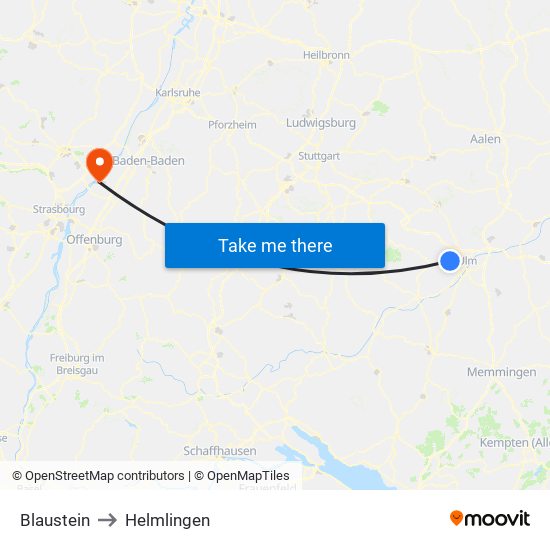 Blaustein to Helmlingen map