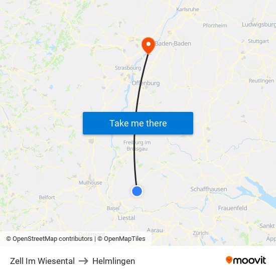 Zell Im Wiesental to Helmlingen map