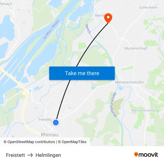 Freistett to Helmlingen map