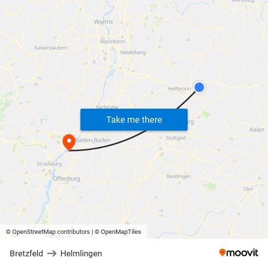 Bretzfeld to Helmlingen map