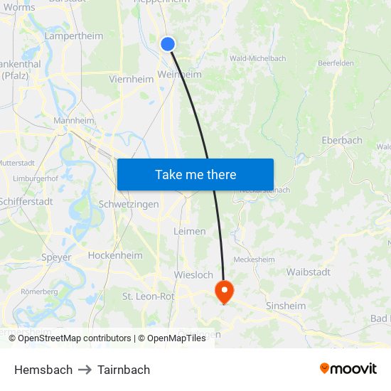 Hemsbach to Tairnbach map