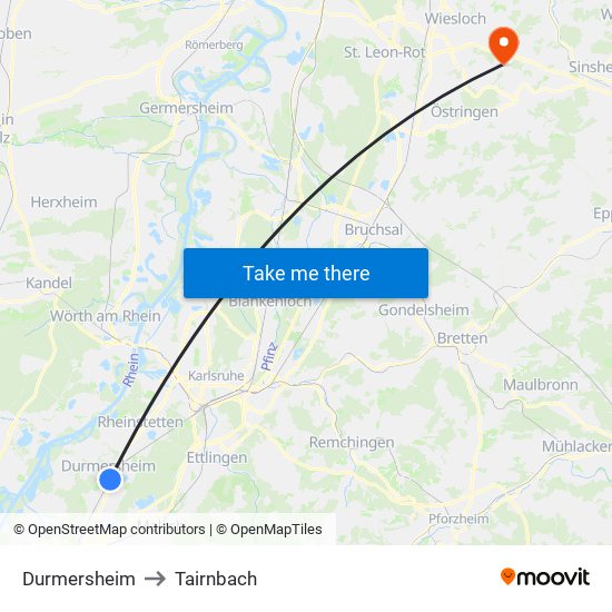 Durmersheim to Tairnbach map