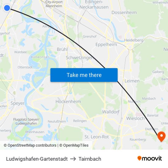 Ludwigshafen-Gartenstadt to Tairnbach map