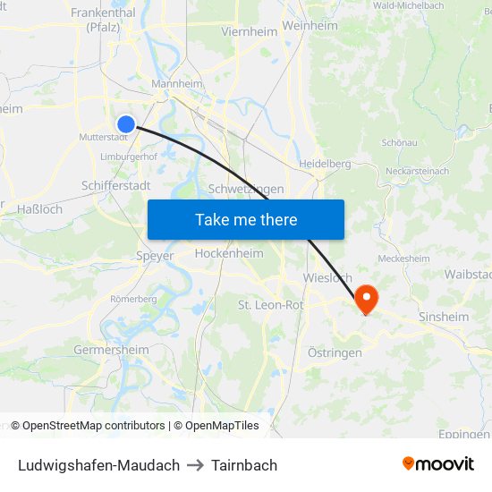 Ludwigshafen-Maudach to Tairnbach map