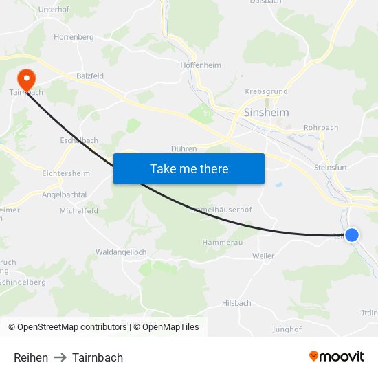 Reihen to Tairnbach map