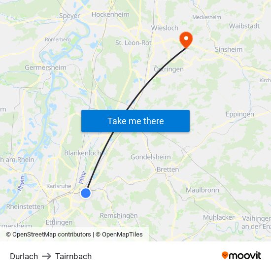 Durlach to Tairnbach map