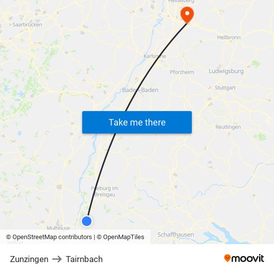 Zunzingen to Tairnbach map