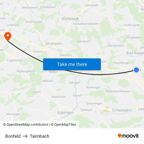 Bonfeld to Tairnbach map