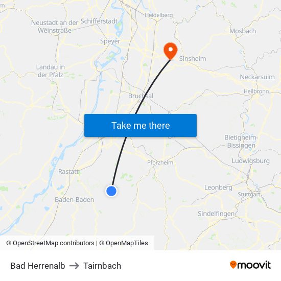 Bad Herrenalb to Tairnbach map