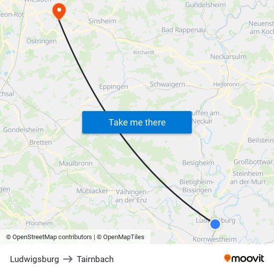 Ludwigsburg to Tairnbach map