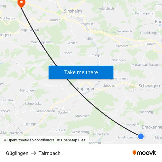 Güglingen to Tairnbach map