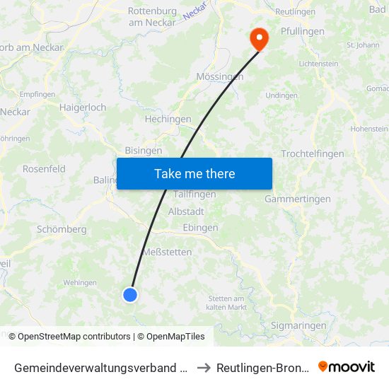 Gemeindeverwaltungsverband Meßstetten to Reutlingen-Bronnweiler map