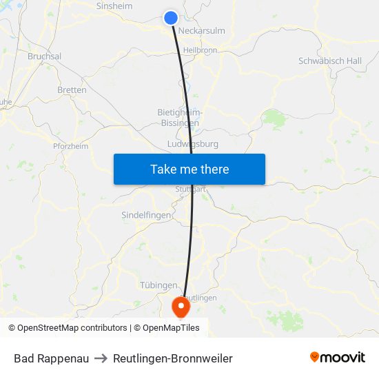 Bad Rappenau to Reutlingen-Bronnweiler map