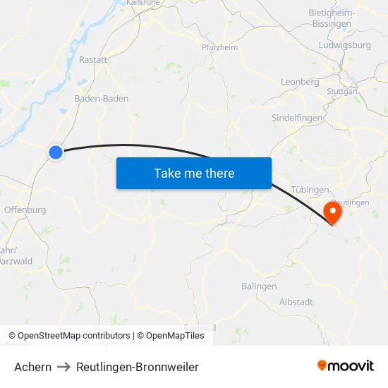 Achern to Reutlingen-Bronnweiler map