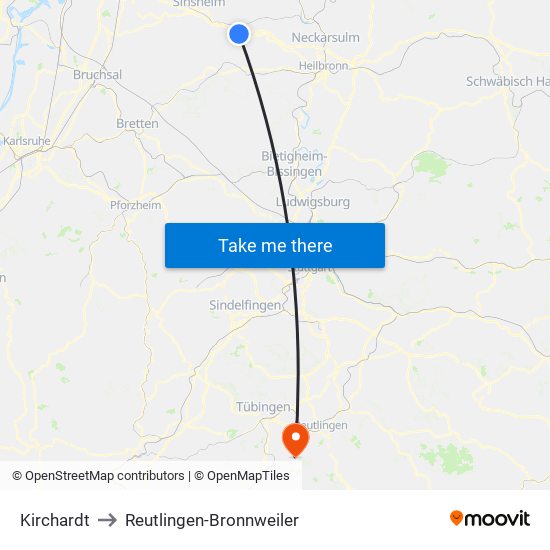 Kirchardt to Reutlingen-Bronnweiler map