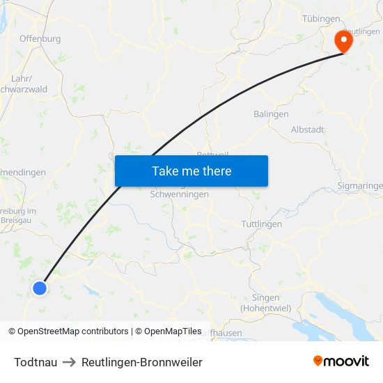 Todtnau to Reutlingen-Bronnweiler map