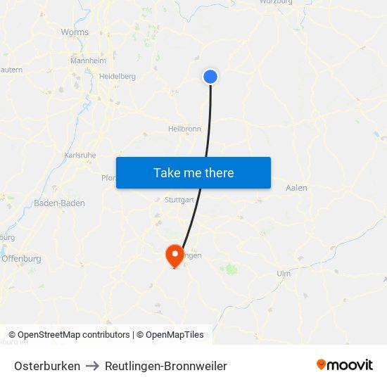 Osterburken to Reutlingen-Bronnweiler map